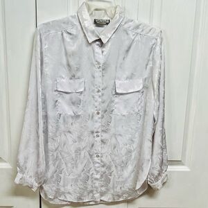 Natalie White Satin Floral Print Button Down Shirt Size 16